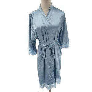 Sioro Blue Satin Kimono 3/4 Sleeve Lace Trimmed Robe Size Small Women's